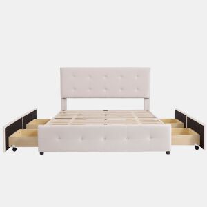 Cama de casal estofada em veludo - 140x200cm - com 4 gavetas e estrado de molas - Bege
