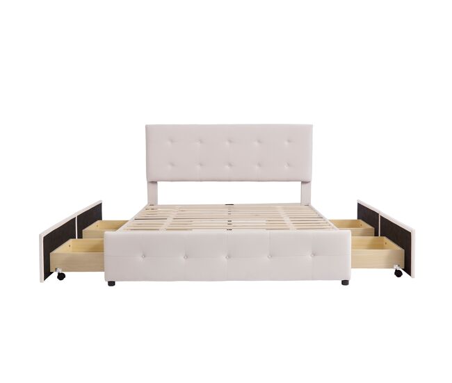 Cama doble tapizada en terciopelo - 140x200cm - con 4 cajones y somier - beige