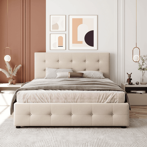 Cama de casal estofada em veludo - 140x200cm - com 4 gavetas e estrado de molas - Bege