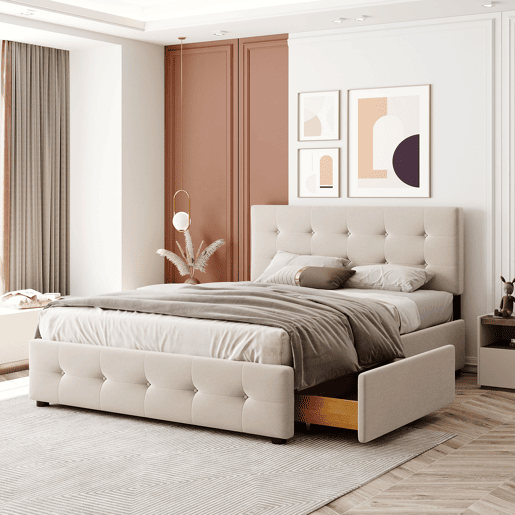 Cama de casal estofada em veludo - 140x200cm - com 4 gavetas e estrado de molas - Bege