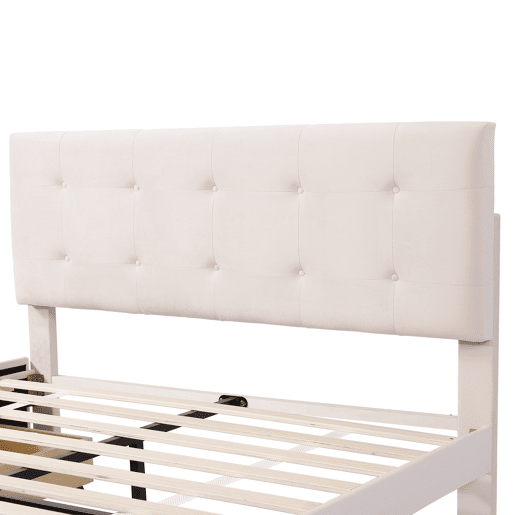 Cama de casal estofada em veludo - 140x200cm - com 4 gavetas e estrado de molas - Bege