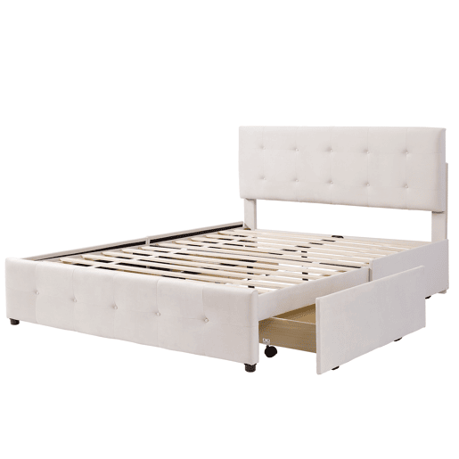 Cama de casal estofada em veludo - 140x200cm - com 4 gavetas e estrado de molas - Bege