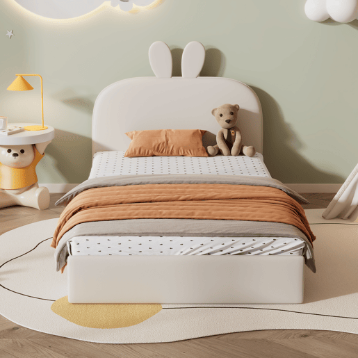 Cama de criança 90x200cm cama estofada em veludo - cabeceira em forma de coelho - com estrado de molas - Bege