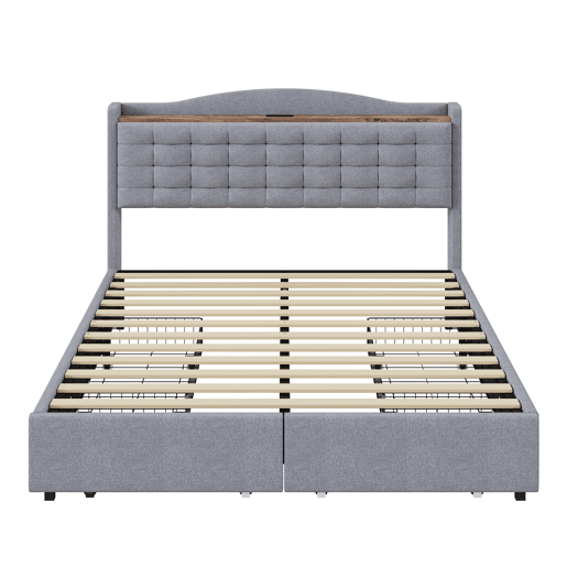 Cama de adulto em linho 160x200 cm - com tomada USB e 4 gavetas - estrado de ripas - Cinzento claro