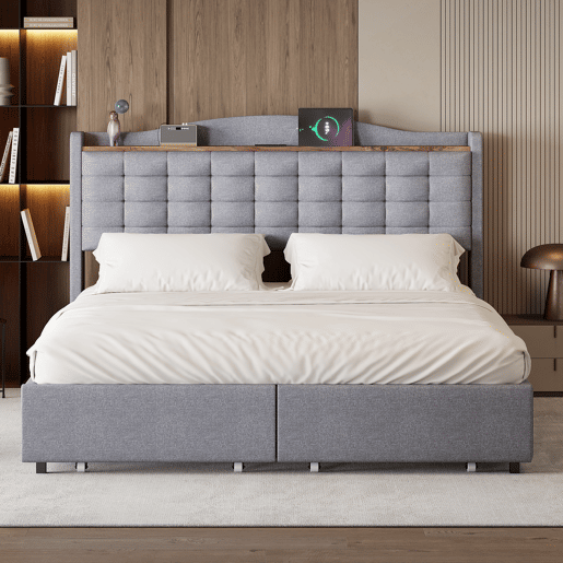 Cama de adulto em linho 160x200 cm - com tomada USB e 4 gavetas - estrado de ripas - Cinzento claro