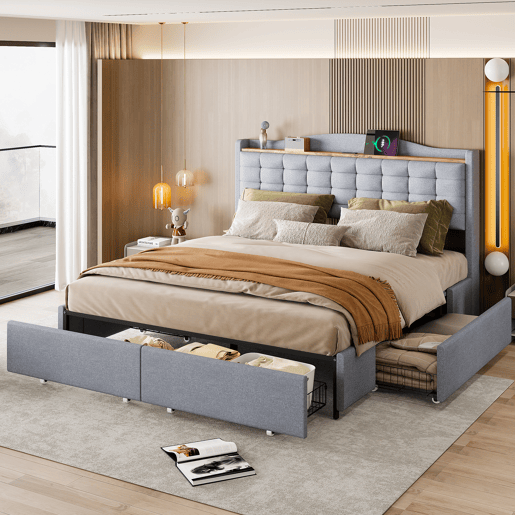 Cama de adulto em linho 160x200 cm - com tomada USB e 4 gavetas - estrado de ripas - Cinzento claro