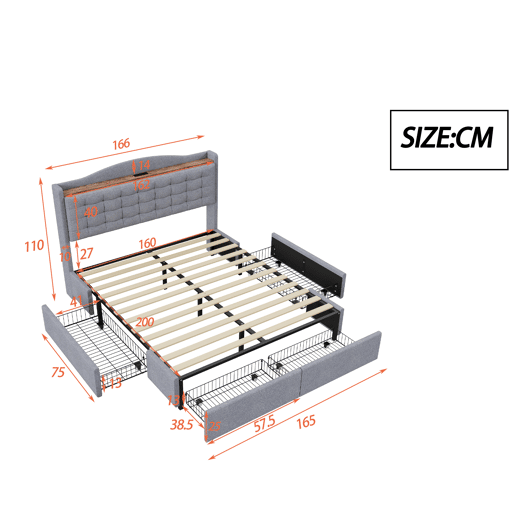 Cama de adulto em linho 160x200 cm - com tomada USB e 4 gavetas - estrado de ripas - Cinzento claro