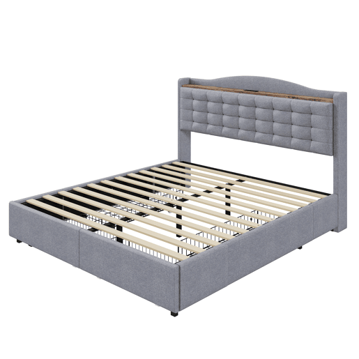 Cama de adulto em linho 160x200 cm - com tomada USB e 4 gavetas - estrado de ripas - Cinzento claro