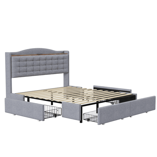 Cama de adulto em linho 160x200 cm - com tomada USB e 4 gavetas - estrado de ripas - Cinzento claro