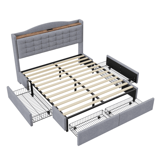 Cama de adulto em linho 160x200 cm - com tomada USB e 4 gavetas - estrado de ripas - Cinzento claro