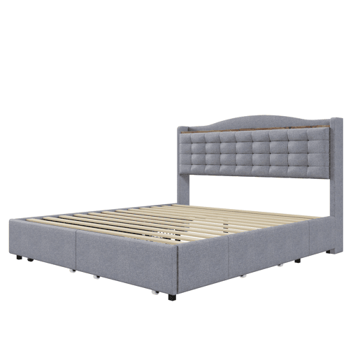Cama de adulto em linho 160x200 cm - com tomada USB e 4 gavetas - estrado de ripas - Cinzento claro