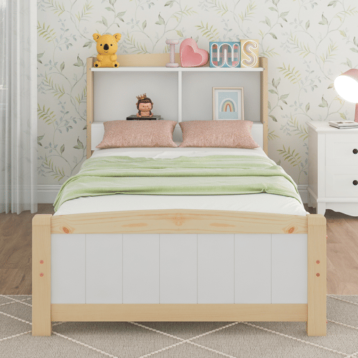 Cama de criança em madeira maciça com cabeceira + estrado de molas - 90x200cm - natural e branco