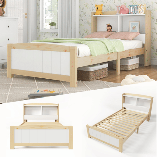 Cama de criança em madeira maciça com cabeceira + estrado de molas - 90x200cm - natural e branco