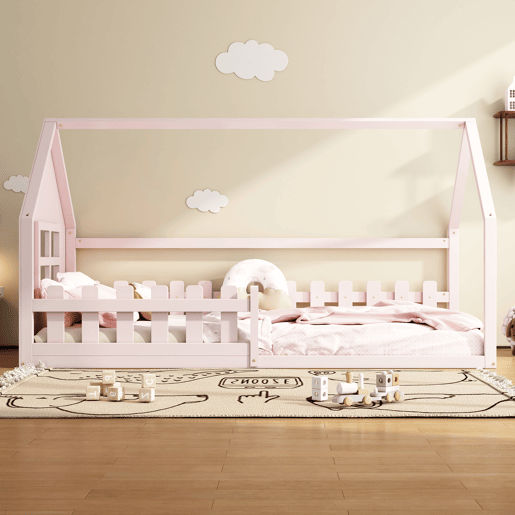 Cama-cama para crianças 90x200 cm - em forma de casinha - em madeira de pinho e MDF - Rosa Cama-cama para crianças 90x200 cm - em forma de casinha - em madeira de pinho e MDF - Rosa
