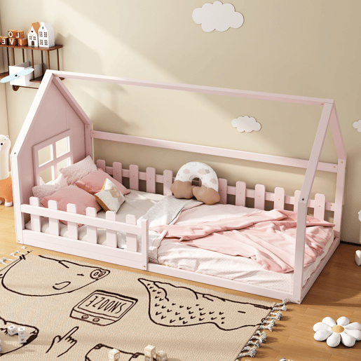Cama-cama para crianças 90x200 cm - em forma de casinha - em madeira de pinho e MDF - Rosa Cama-cama para crianças 90x200 cm - em forma de casinha - em madeira de pinho e MDF - Rosa