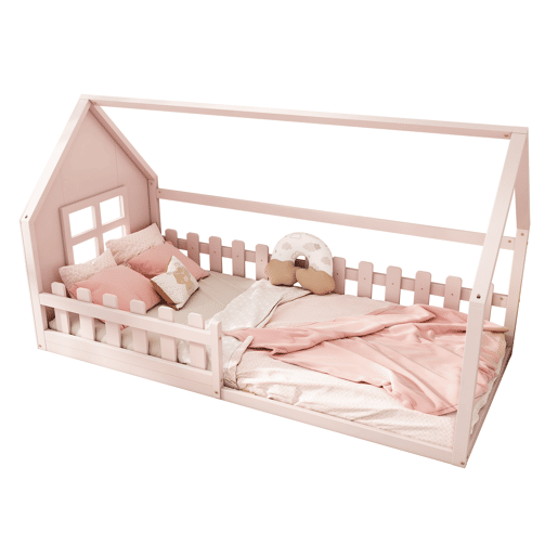 Cama-cama para crianças 90x200 cm - em forma de casinha - em madeira de pinho e MDF - Rosa Cama-cama para crianças 90x200 cm - em forma de casinha - em madeira de pinho e MDF - Rosa