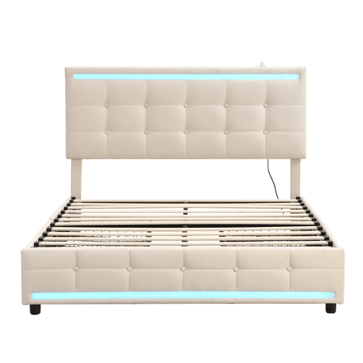 Cama estofada em linho com 4 gavetas + LED e 2 portas USB + estrado - 140x200cm - linho - bege