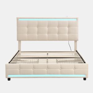 Cama estofada em linho com 4 gavetas + LED e 2 portas USB + estrado - 140x200cm - linho - bege