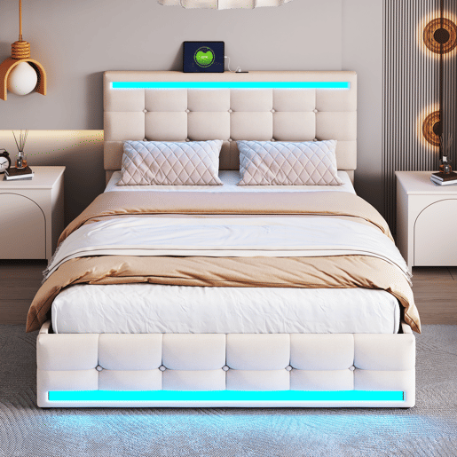 Cama estofada em linho com 4 gavetas + LED e 2 portas USB + estrado - 140x200cm - linho - bege