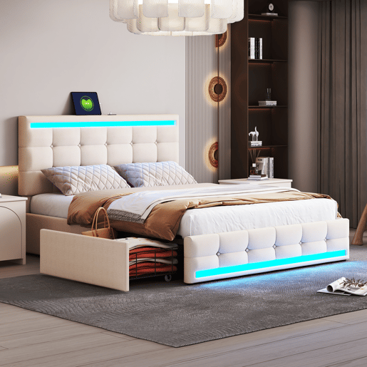 Cama estofada em linho com 4 gavetas + LED e 2 portas USB + estrado - 140x200cm - linho - bege