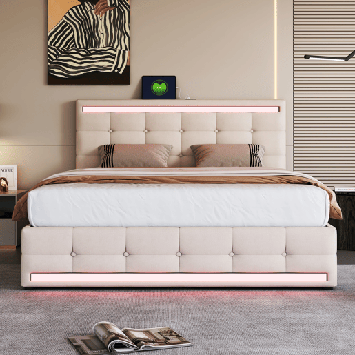 Cama estofada em linho com 4 gavetas + LED e 2 portas USB + estrado - 140x200cm - linho - bege