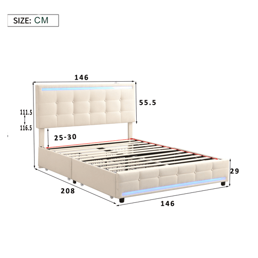 Cama estofada em linho com 4 gavetas + LED e 2 portas USB + estrado - 140x200cm - linho - bege