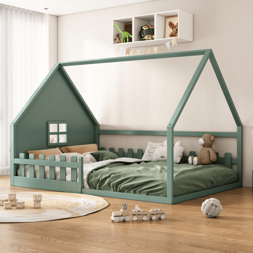 Cama de cabana para crianças 140x200 cm - Forma de cabana - Pinho e MDF - Verde