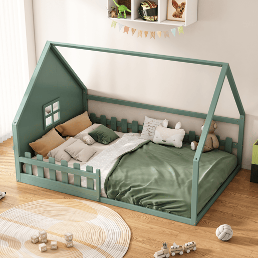 Cama de cabana para crianças 140x200 cm - Forma de cabana - Pinho e MDF - Verde
