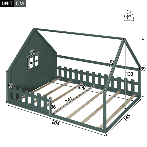 Cama de cabana para crianças 140x200 cm - Forma de cabana - Pinho e MDF - Verde