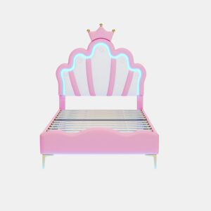 Cama de criança 90x200cm com LED - cama de princesa com almofada de pele sintética - Rosa