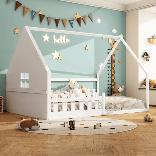Cama de cabina para crianças 140x200 cm - Forma de casa de campo - Pinho e MDF - Branco