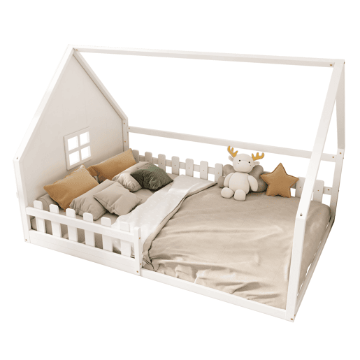 Cama de cabina para crianças 140x200 cm - Forma de casa de campo - Pinho e MDF - Branco