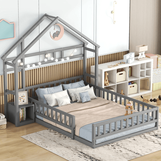Cama de cabina para crianças 140x200 cm com mesa de cabeceira e grades de proteção - estrado - Cinzento