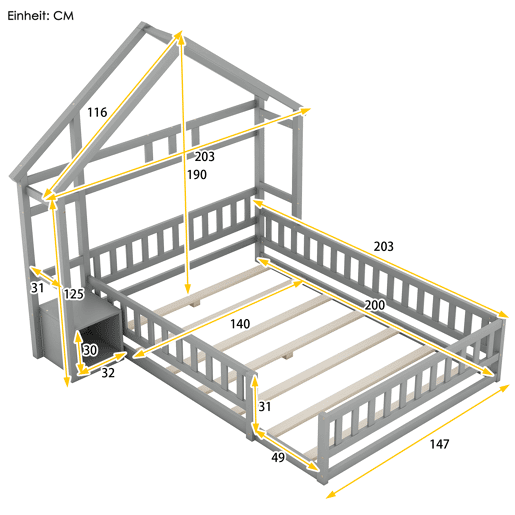 Cama de cabina para crianças 140x200 cm com mesa de cabeceira e grades de proteção - estrado - Cinzento