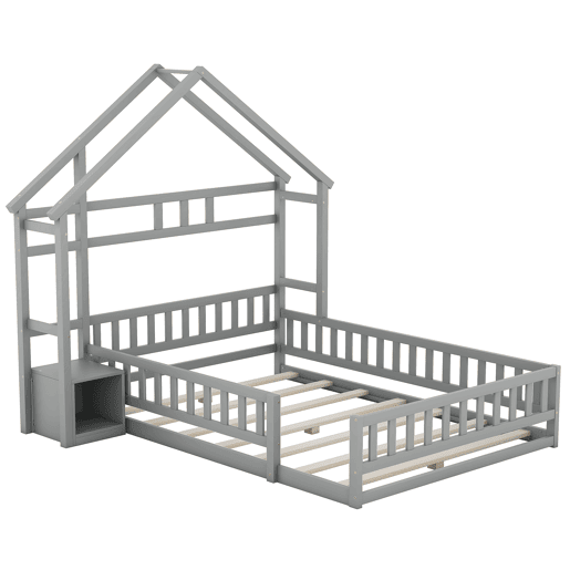 Cama de cabina para crianças 140x200 cm com mesa de cabeceira e grades de proteção - estrado - Cinzento