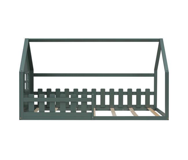Cama-cabina para niños 90x200 cm - con forma de casita - en madera de pino y mdf - verde