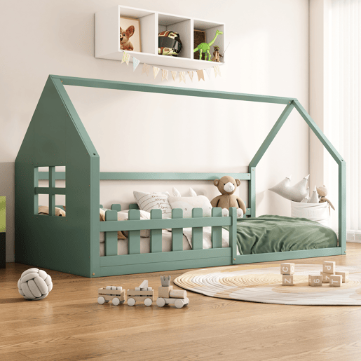 Cabina-cama para crianças 90x200 cm - em forma de casinha - em madeira de pinho e MDF - Verde