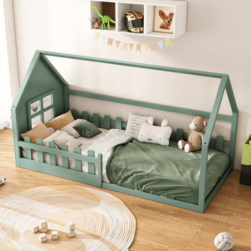 Cabina-cama para crianças 90x200 cm - em forma de casinha - em madeira de pinho e MDF - Verde