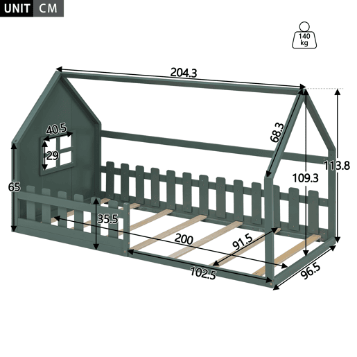 Cabina-cama para crianças 90x200 cm - em forma de casinha - em madeira de pinho e MDF - Verde