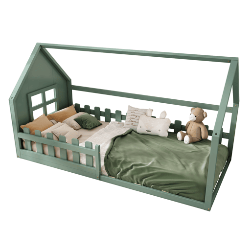 Cabina-cama para crianças 90x200 cm - em forma de casinha - em madeira de pinho e MDF - Verde