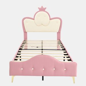 Cama de criança 90x200cm em pele sintética - com LED - Rosa e branco