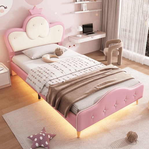 Cama de criança 90x200cm em pele sintética - com LED - Rosa e branco