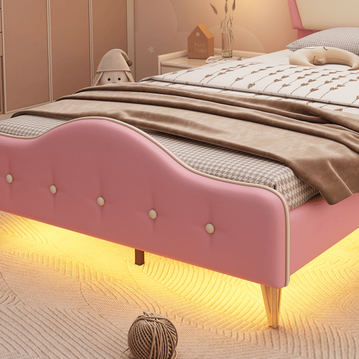 Cama de criança 90x200cm em pele sintética - com LED - Rosa e branco