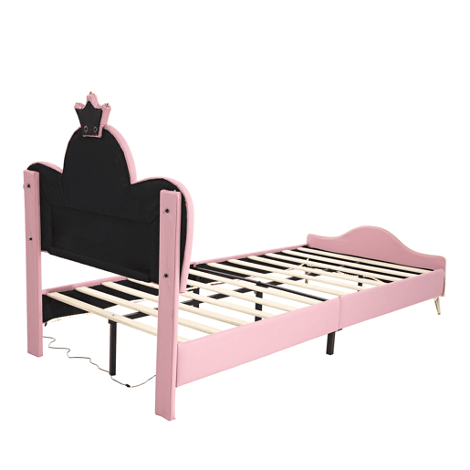 Cama de criança 90x200cm em pele sintética - com LED - Rosa e branco