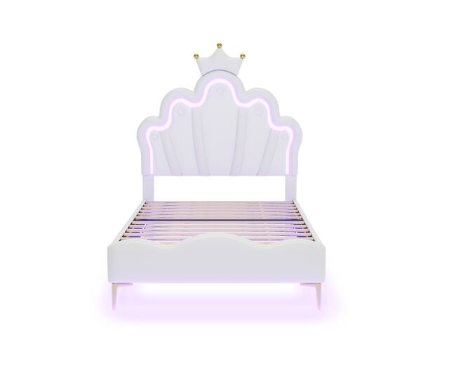 Cama infantil 90x200cm con led - cama princesa con cojín de piel sintética - blanco