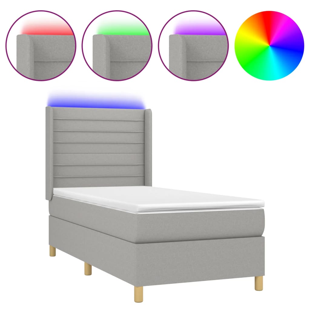 Cama box spring colchón y luces led tela gris claro 90x200 cm rayas horizontales