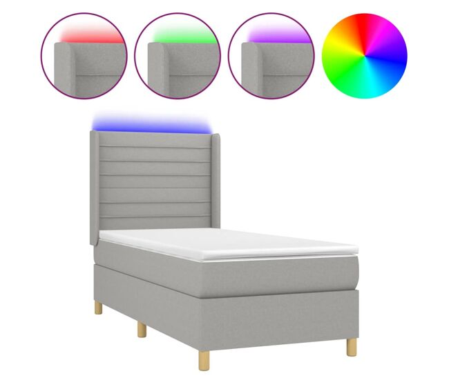Cama box spring colchón y luces led tela gris claro 90x200 cm rayas horizontales