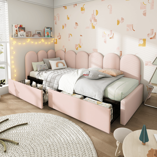 Sofá-cama com 2 gavetas - tecido de veludo - 90x200 cm - com estrado de molas - Rosa