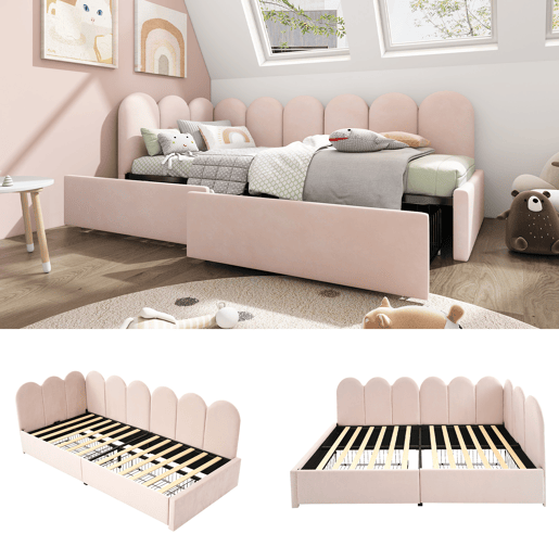 Sofá-cama com 2 gavetas - tecido de veludo - 90x200 cm - com estrado de molas - Rosa