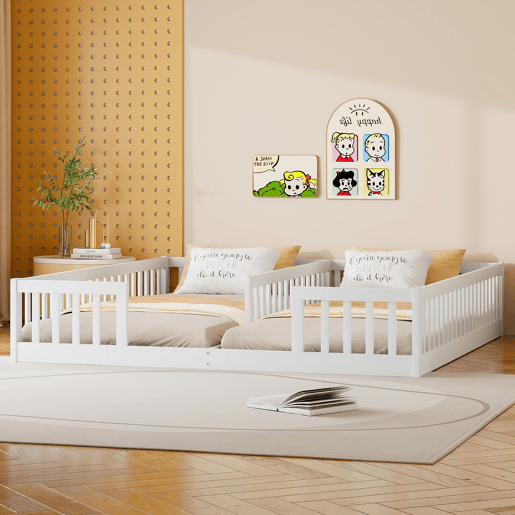Cama de criança 2x90x200cm madeira maciça - com corrimões - sem estrado - Branco